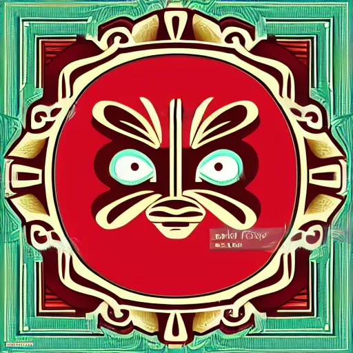 Image similar to ant face vector art, art deco, umber red and green