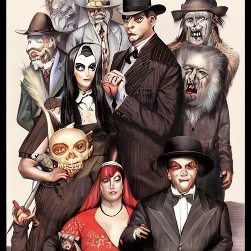 Prompt: the addams family as hillbillies in texas y j. c. leyendecker, yoji shinkawa, katayama bokuyo