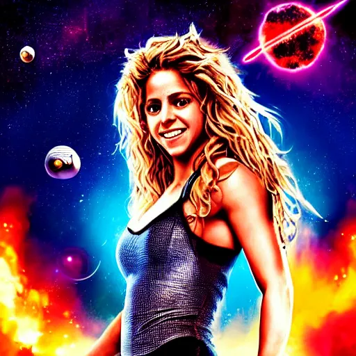 Image similar to of a dynamic movie poster of shakira as a hero sci fi space cosmonaut holding a raygun in a nice action pose, there is an explosion on the background of a space station blowing britney's hair and lighting her with a rim light, she is laughing, f 2. 8, advertising studio lighting,