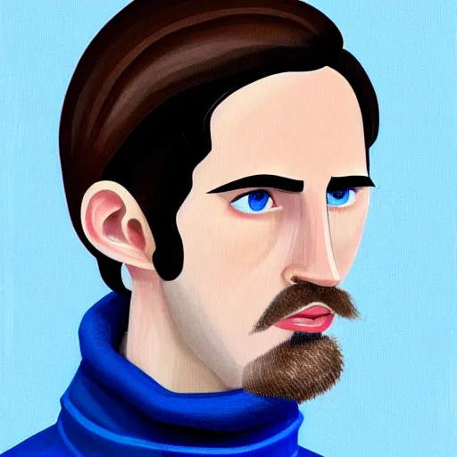 Prompt: gangly man with short dark blond wavy hair, dark blond short beard, no mustache, English heritage, blue eyes, middle aged, wearing a turtleneck and jacket, pale skin, narrow face, digital art, painterly, cartoon, cute, 8k, illustration, art by loish, painterly, trending on artstation, medium shot, uncropped