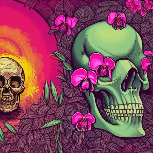 Prompt: ortographic view of a large skull and vivid orchids by Jen Bartel and Dan Mumford and Satoshi Kon, gouache illustration