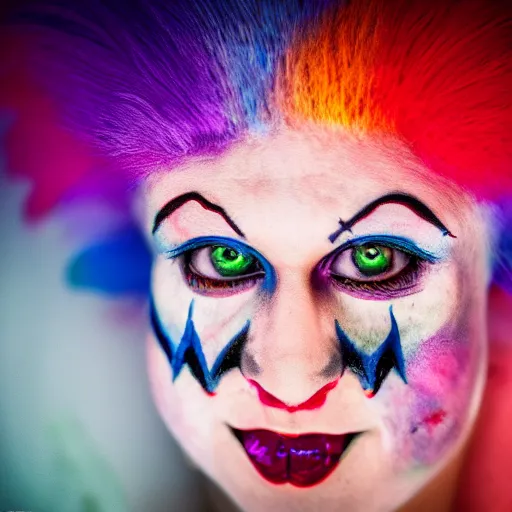 Prompt: psycho clown fairy, bleeding wings colors, cinematic lighting, various refining methods, micro macro autofocus, ultra definition, award winning photo