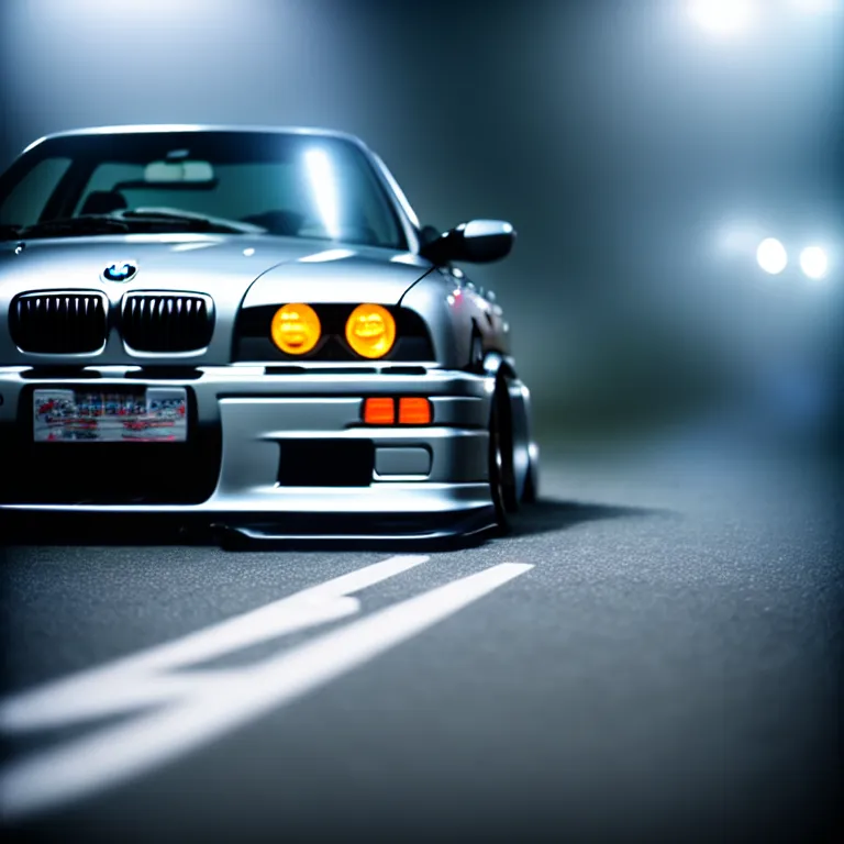 Image similar to close-up-photo BMW E36 illegal JDM meet, Saitama prefecture, misty night, cinematic color, photorealistic, highly detailed,