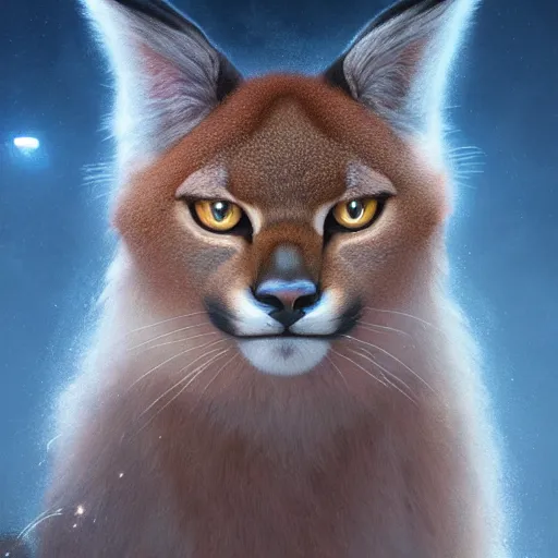 Image similar to The fluffiest cute caracal, fullbody, ultra high detailed, glowing lights, oil painting, Greg Rutkowski, Charlie Bowater, Beeple, unreal 5, DAZ, hyperrealistic, octane render, RPG portrait, dynamic lighting, fantasy art, beautiful face