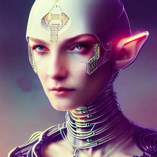 Image similar to cyberpunk robotic elvish queen, diadem on the head, extremely detailed, hyperrealistic, intricate, soft light, fantasy, digital painting, art station, perfect faces, fine details, by wlop