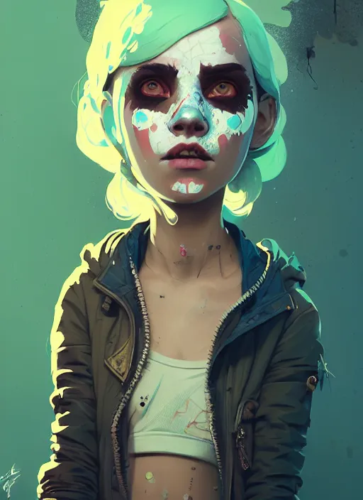 Image similar to highly detailed portrait of a sewer punk young lady with white graffiti face paint by atey ghailan, james gilleard, by joe fenton, by greg rutkowski, by greg tocchini, by kaethe butcher, 4 k resolution, gradient yellow, black, brown and cyan color scheme, grunge aesthetic!!! ( ( dystopian graffiti tag wall in background ) )