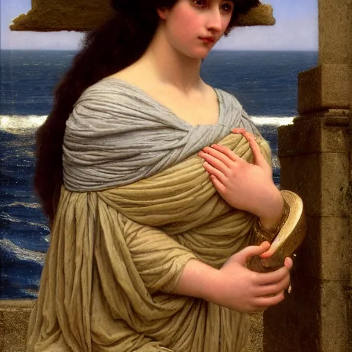 Prompt: john william godward, sir lawrence almda tadema, herbert james draper. priestess of the sea receiving blessings. 1 8 9 9. trending on artstation