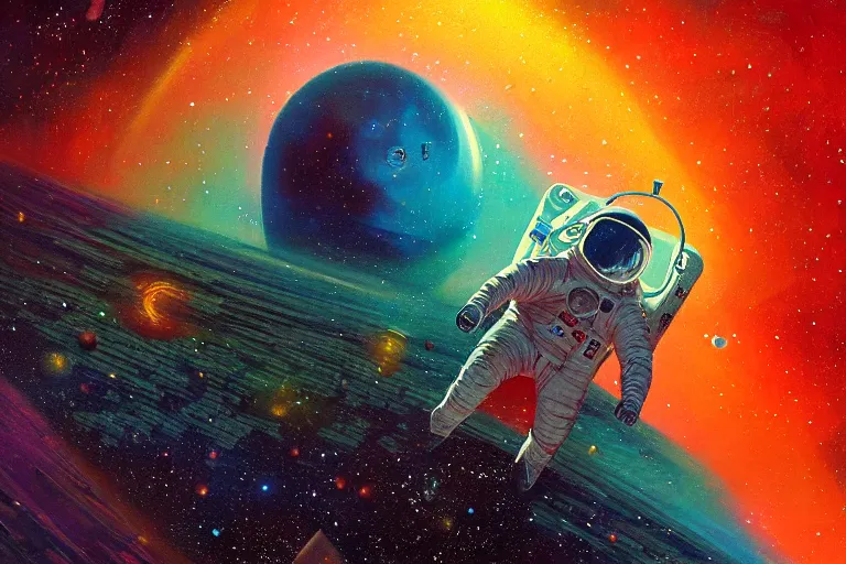 Image similar to digital painting of an astronaut floating in space, by paul lehr and vincent di fate, detailed, intricate, sharp focus, symmetry, sci fi, futurism, fantasy, neon lights, galaxies, stars, space, artstation, cinematic lighting, trippy, psychedelic art