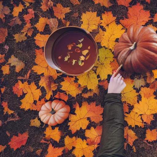 Prompt: fall aesthetic!!, [ on a table ]!!, trending on unsplash, [ 4 k photorealism ]!!, professional photography, [ overhead view ]!, shot by jimmy nelson