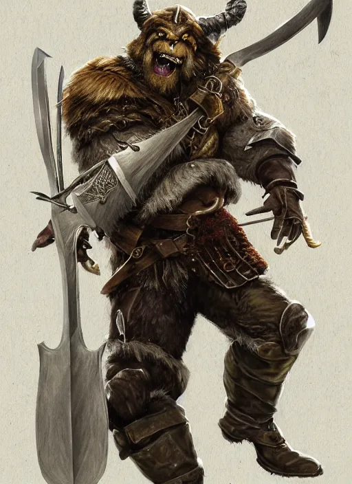 Image similar to strong young man, photorealistic bugbear ranger holding aflaming sword, black beard, dungeons and dragons, pathfinder, roleplaying game art, hunters gear, jeweled ornate leather and steel armour, concept art, character design on white background, by alan lee, norman rockwell, makoto shinkai, kim jung giu, poster art, game art