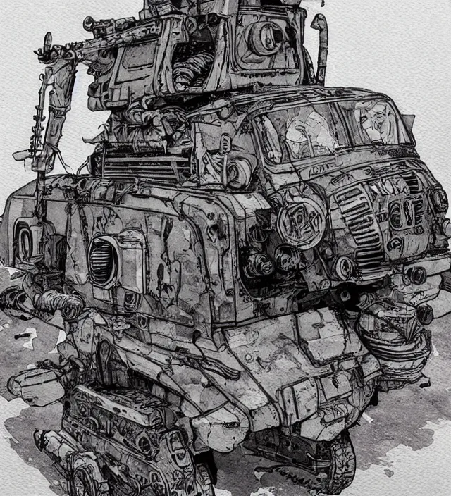 Image similar to a watercolor ink painting of a post - apocalyptic mad max / fallout style tank in the style of jean giraud in the style of moebius trending on artstation deviantart pinterest detailed realistic hd 8 k high resolution