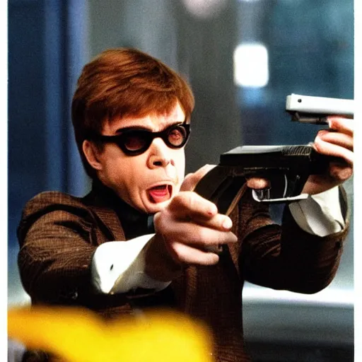 Prompt: austin powers shooting an ak - 4 7, photography, movie,