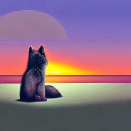 Prompt: view from behind of fluffy baby grey wolf sitting on the shore of a pond, looking out at a sunset, digital art, award winning stunning illustration