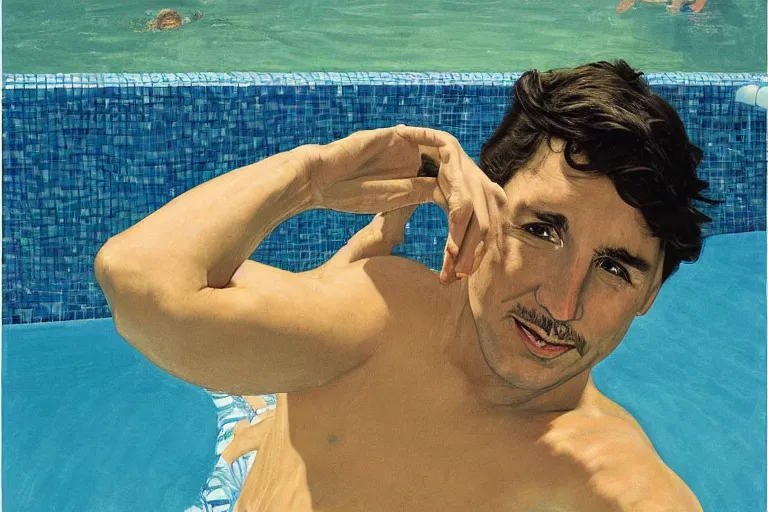 Image similar to justin trudeau in a swimming pool in a house in california, magazine centerfold, by david hockney, peter doig, lucien freud, francis bacon, bouguereau, norman rockwell, pop realism