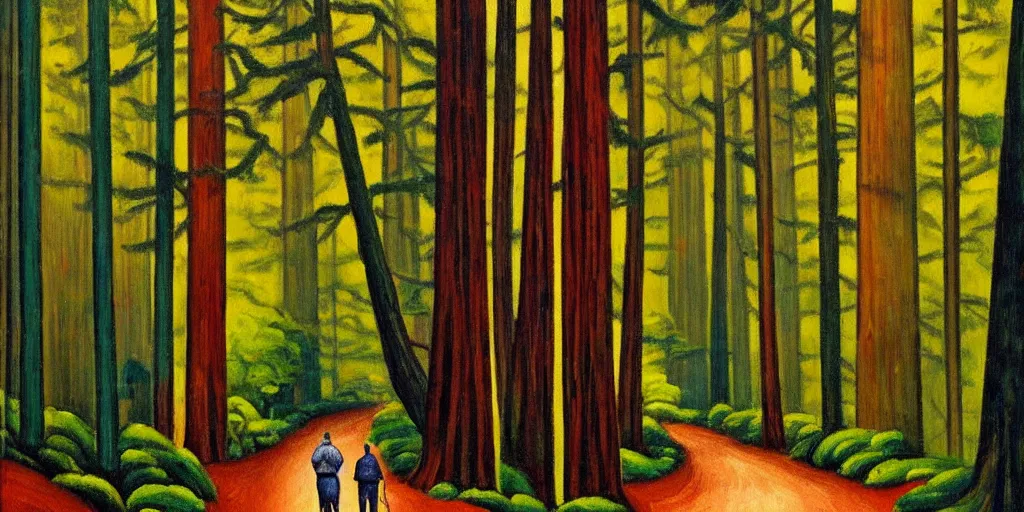 Image similar to a stunning wpa style painting of a man walking down a path in a redwood forest, award winning art