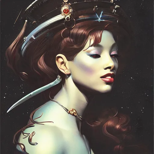 Prompt: sza as a princess of saturn, profile photo, cinematic, intricate, elegant, highly detailed, digital painting, trending on artstation, concept art, smooth, sharp focus, illustration, art by frank frazetta, william mortensen, arny freytag