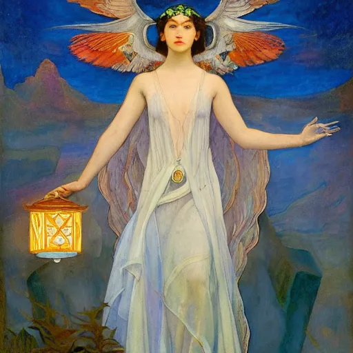 Image similar to queen of the dawn with her wings and her lantern, by Annie Swynnerton and Nicholas Roerich and Diego Rivera, flowing robes, bioluminescent skin, floral tattoos, elaborate costume, geometric ornament, symbolist, soft colors, dramatic lighting, smooth, sharp focus, extremely detailed