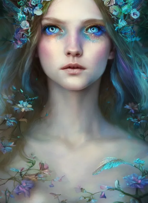 Image similar to portrait of a gorgeous fairy princess of the forest, perfect blue eyes, detailed iridescent floral pattern skin, 8k render, ultra realistic, cinematic lighting, artstation, artgerm, Seb McKinnon