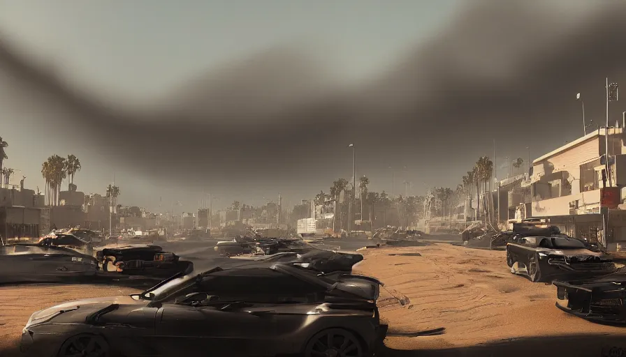 Image similar to los angeles under tons of sand, heat wave, cars in the streets, black smoke, flags, hyperdetailed, artstation, cgsociety, 8 k