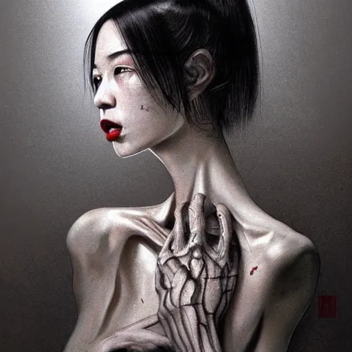 Image similar to Kiko Mizuhara unsettling scary terrifying, physically accurate, very dramatic dynamic lighting, intricate, very very elegant, highly detailed, digital painting, artstation, very hyperrealistic, very very very HR GIGER, very Bensinski, Hieronymus Bosch, Francis Bacon, concept art, smooth, sharp focus, illustration, art by artgerm and greg rutkowski and alphonse mucha