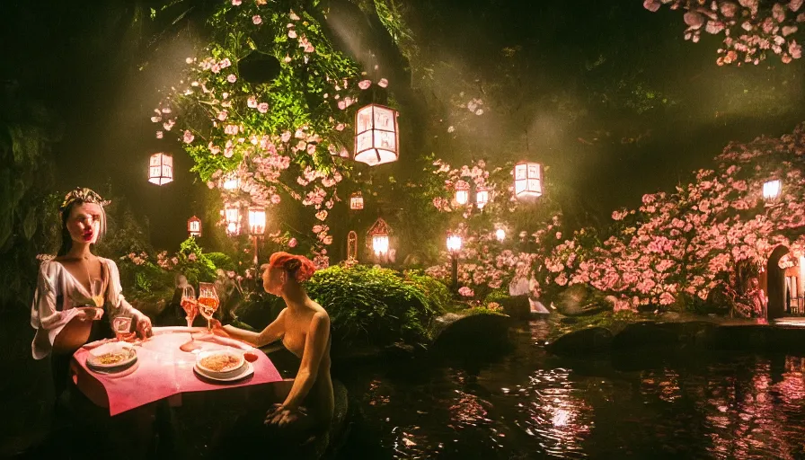 Prompt: 35mm film still of a very surreal magical European castle cafe in a lush waterfall garden, falling cherry blossoms pedals, in the style of Gucci and Wes Anderson, photographed by Petra Collins, glowing lights and floating lanterns, foggy atmosphere, rainy, moody, muted colors, magic details, very detailed, 8k, cinematic look