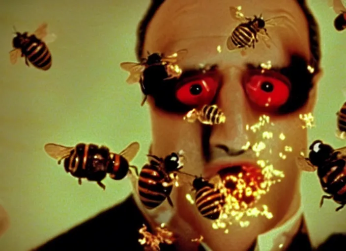 Image similar to film still of ted cruz as the candyman with bees coming out of his mouth in candyman 1 9 9 2