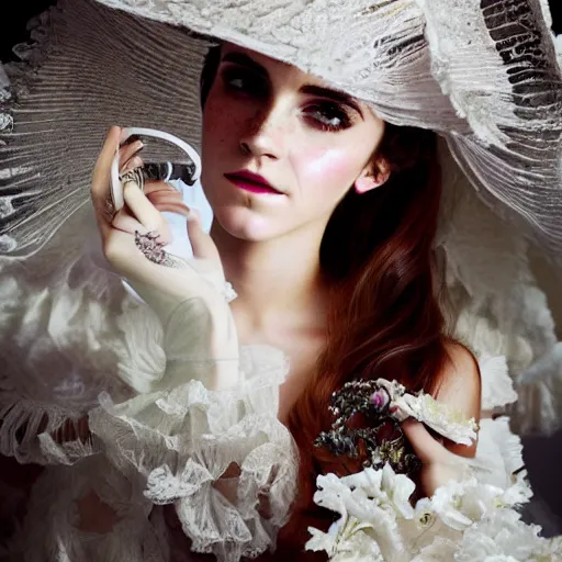 Image similar to on texture paper full body fashion model emma watson smokey eyes makeup eye shadow fantasy, glow, shimmer as victorian woman in a long white frilly lace dress and a large white hat having tea in a sunroom filled with flowers, roses and lush fern flowers ,intricate, night, highly detailed, dramatic lighting , high quality