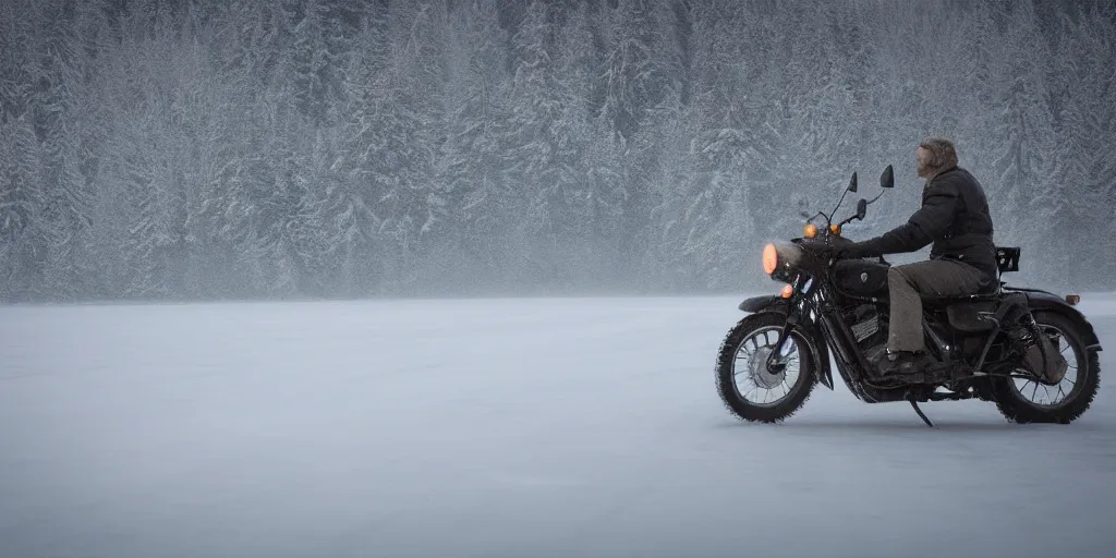 Prompt: motorcycle driving on an icy lake during winter, night time, far away