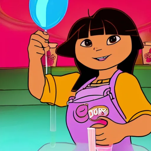 Prompt: iphone flash photograph of dora getting drunk at a party