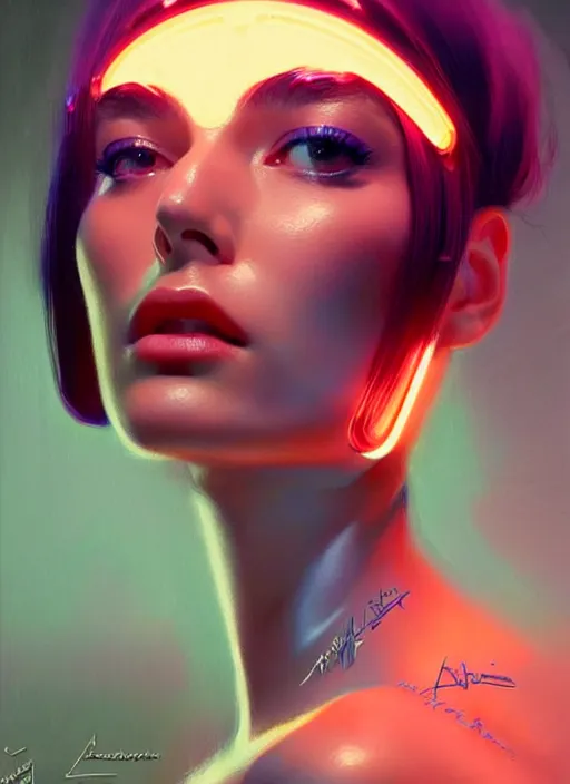 Image similar to photorealistic portrait of female humanoid, highly intricate, retro 6 0 s fashion, elegant, highly detailed, crispy quality and cyber neon light reflections, trending in artstation, trending in pinterest, glamor pose, concept art, sharp focus, art by artgerm and greg rutkowski