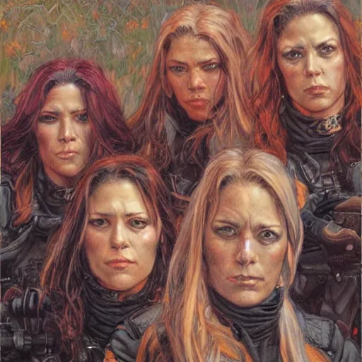 Prompt: frontal portrait of an all - female outlaw gang, by donato giancola.