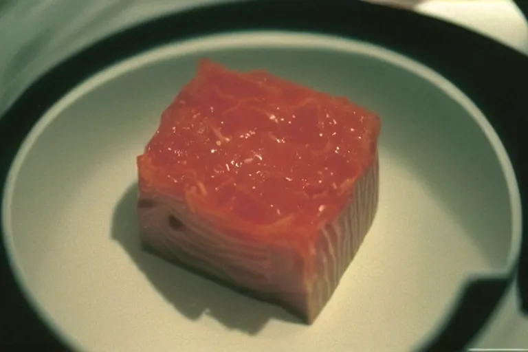 Image similar to tuna and cheese aspic in cyberspace, in 1 9 9 5, y 2 k cybercore, industrial low - light photography, still from a ridley scott movie