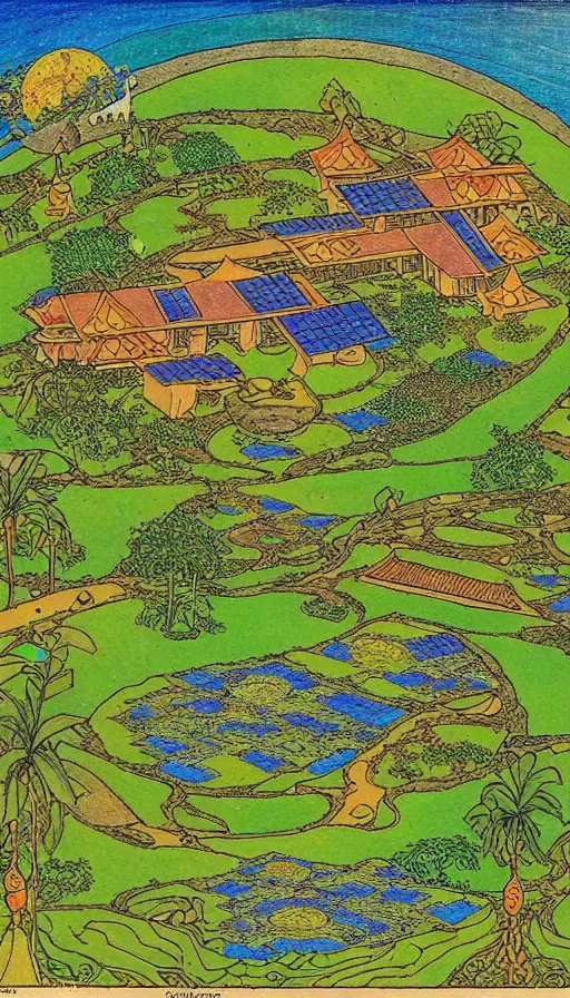 Image similar to ecovillage monastery on hawaii, solarpunk, permaculture, by ivan bilibin,