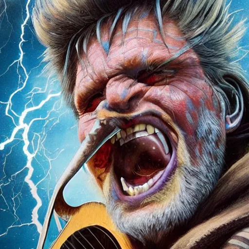 Image similar to detailed photo of a Half-orc bard portrayed by Gary Busey playing a lute, 8k,by Tristan Eaton, Stanley Artgermm, Tom Bagshaw, Greg Rutkowski, Carne Griffiths, trending on DeviantArt, face enhance, hyper detailed ,full of color, dramatic lightning, epic stance