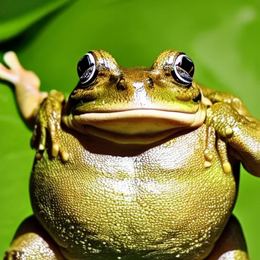 Prompt: a fat frog jumping and smiling
