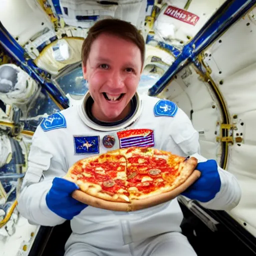 Image similar to an astronaut eating pizza in space with the moon in the background