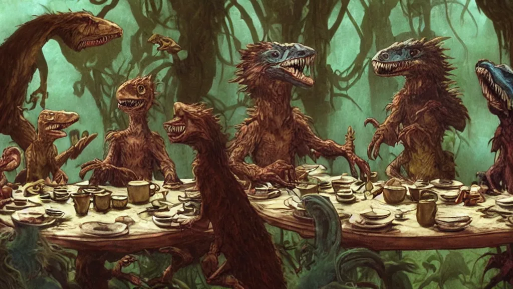 Prompt: A movie screenshot of Velociraptors (by Brian Froud) having tea with Alice in Wonderland, directed by Henry Selick and Tim Burton, claymation, cinematic, balanced composition, whimsical.