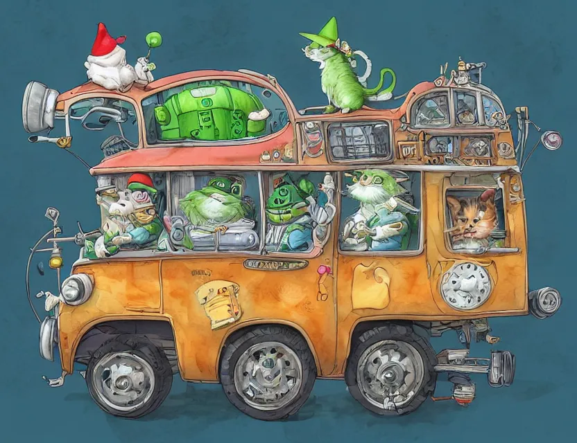 Image similar to cute and funny, a garden gnome driving a steampunk bus, a cat on the roof holding on, ratfink style by ed roth, centered award winning watercolor pen illustration, isometric illustration by chihiro iwasaki, edited by range murata, tiny details by artgerm and watercolor girl, sharply focused