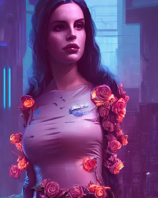 Prompt: portrait of lana del rey as a cyberpunk cyborg. roses, sci - fi, missing panels, intricate abstract upper body intricate artwork, by tooth wu, wlop, beeple, dan mumford. concept art, octane render, deviantart, greg rutkowski, cinematic arthouse, key art, hyper realism, iridescent accents