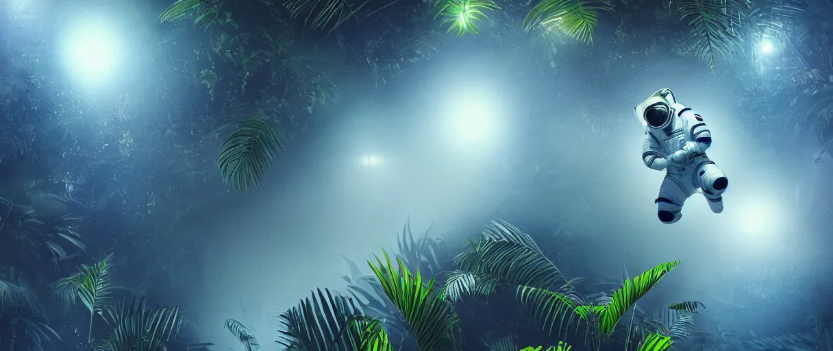 Prompt: mid - angle single shot of flying body of space astronaut in weightlessness inside tropical jungle with palm leaves, small foggy and gloomy, blue lights, bokeh background, highly detailed science fiction illustration by jeremy geddes. photorealistic, octane render, hyper detailed, 8 k, movie still, artstation, unreal engine