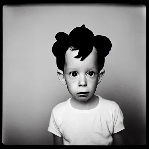 Image similar to photo of Alfalfa from Our Gang, by Diane Arbus, black and white, high contrast, Rolleiflex, 55mm f/4 lens