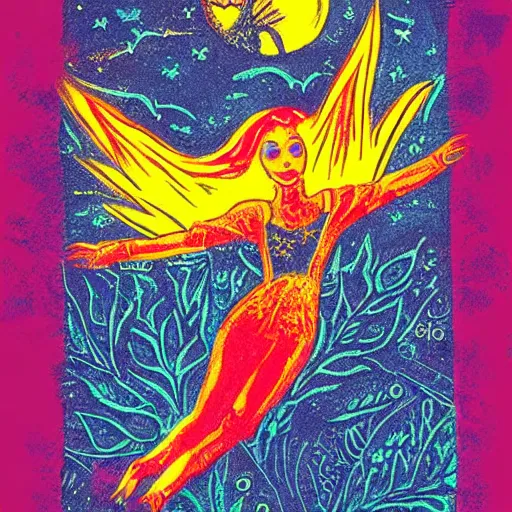 Image similar to colorful printmaking of a witch flying