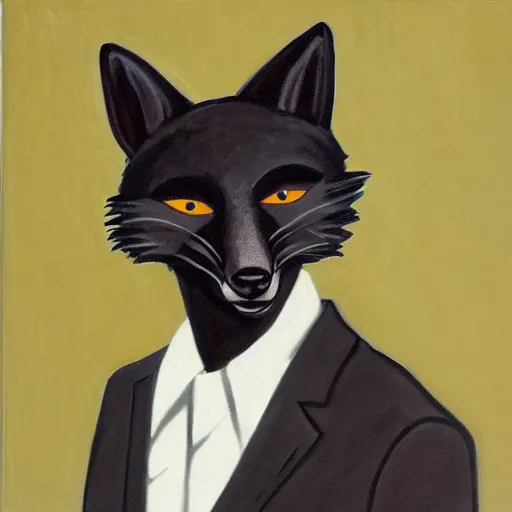 Image similar to portrait of a male anthro anthropomorphic black fox furry fursona with hands on eyes, wearing a suit, 1 9 7 0 s oil on canvas painting, by famous artist jylon denja