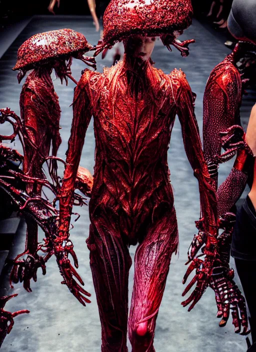 Image similar to walking down the catwalk, steven klein, show, stage, vogue photo, podium, fashion show photo, iris van herpen, beautiful woman, full body shot, helmet on face, masterpiece, plant predator, guyver, jellyfish, biomechanical details, movie still, fauvism, cinestill, bokeh, gelios lens