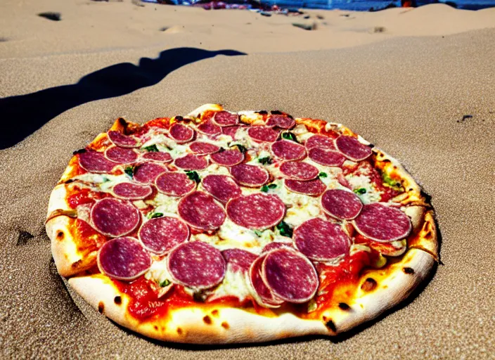 Image similar to clear highly detailed photorealistic food photograph of a wood oven cooked pizza with salami anchovies pepperoni loads of burned melted cheese lying on beach sand at sunset, waves next to it