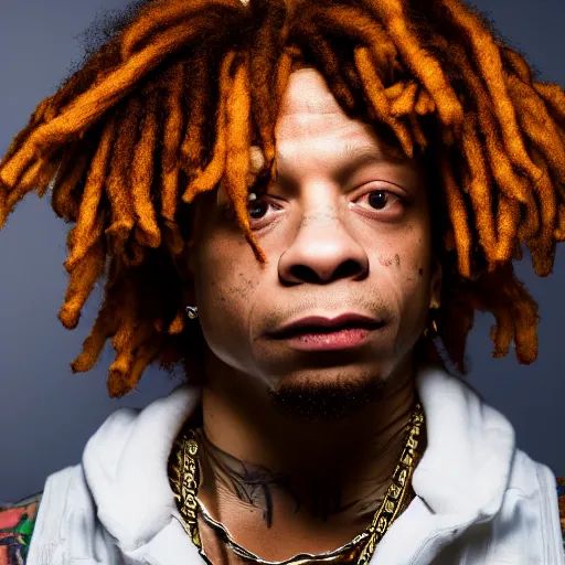 Image similar to a studio photograph of Trippie Redd, portrait, 40mm lens, shallow depth of field, close up, split lighting, cinematic