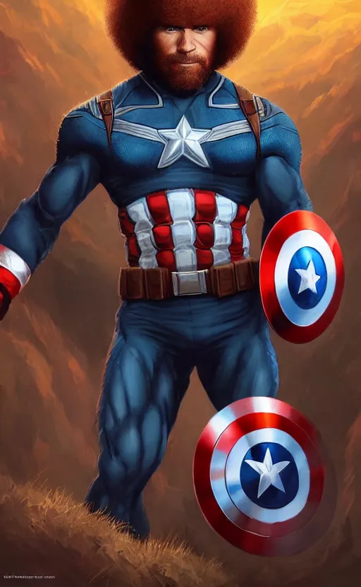 Image similar to bob ross as captain america, dynamic lighting, cinematic, ultra detailed, trending on art station, stunning visuals, creative, fantasy concept art