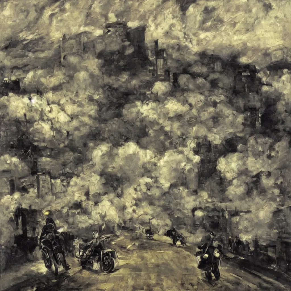 Image similar to a city in the clouds, one raised road leaving the city curving towards viewer, a motorcycle, man wearing leather jacket and black helmet, oil painting, style of george bellows