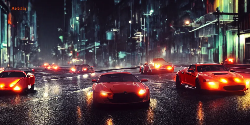 Image similar to photorealistic action photography of street car race on the roads dark, wet, night light fixtures. 8K. detailed. photorealism. artstation. 25mm f/1.7 ASPH Lens. ultra realistic