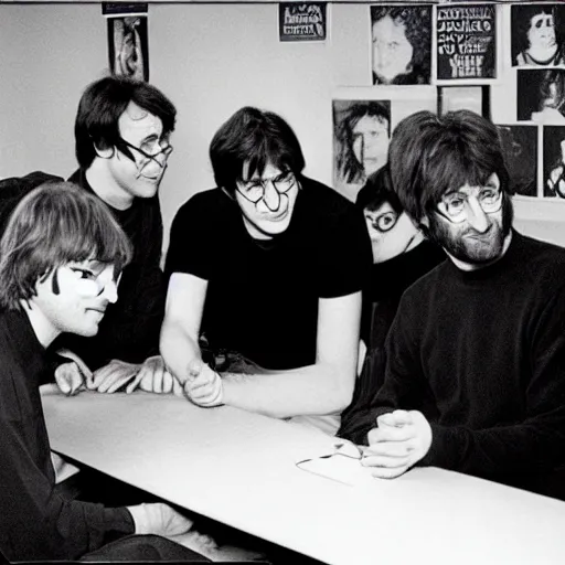 Image similar to steve jobs, harry potter, john lennon, and gabe newell meeting each other, photograph